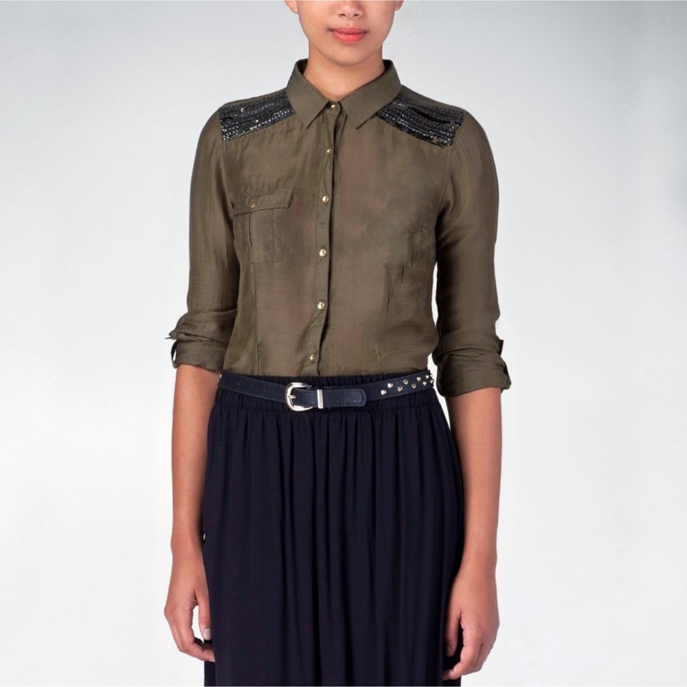 Anthropologie Olive Green Silk Button-Up Blouse with Black Beaded Shoulders